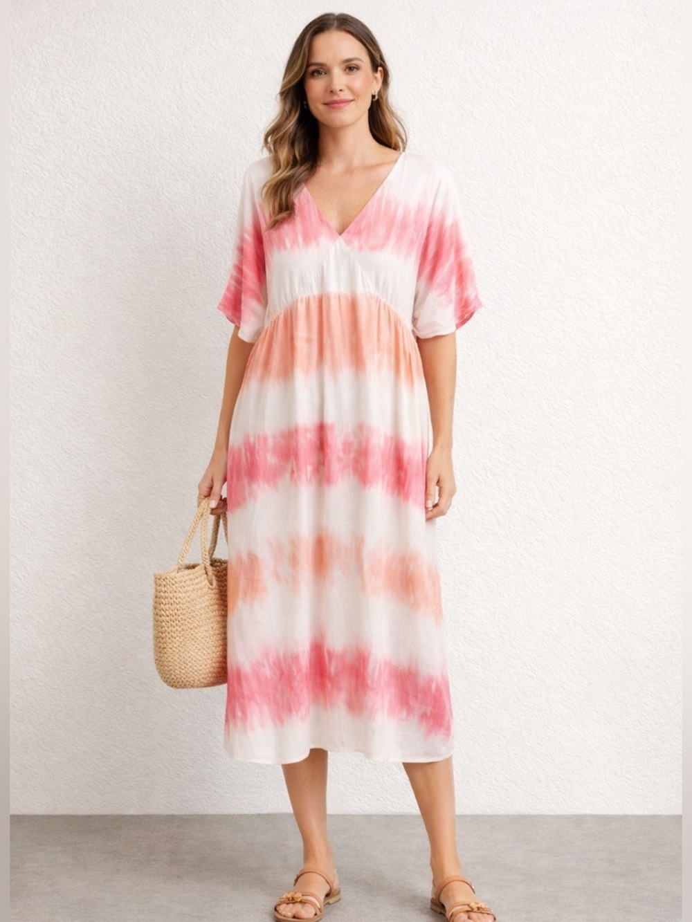 Knox Rose Pink Coral Ombre Tie Dye Midi Dress XL Rayon Linen Boho